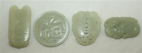 Four Chinese celadon jade plaques, 5.1cm - 6.2cm